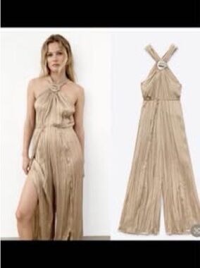 Zara Metallic Champagne Halter Wide-Leg Jumpsuit
